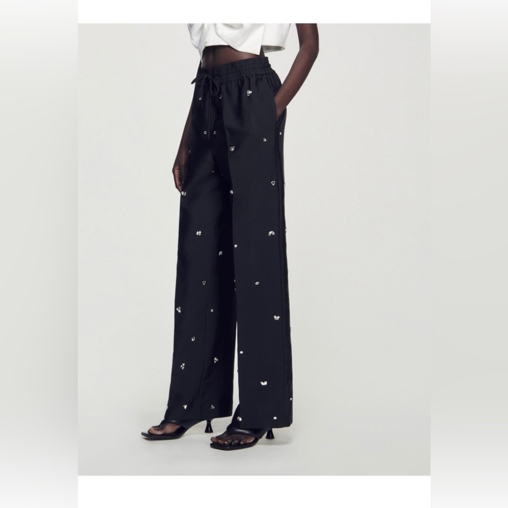SANDRO Crystal rhinestone￼ -Wayne Oversized Embellished Taffeta Pants. SZ 34 NEW